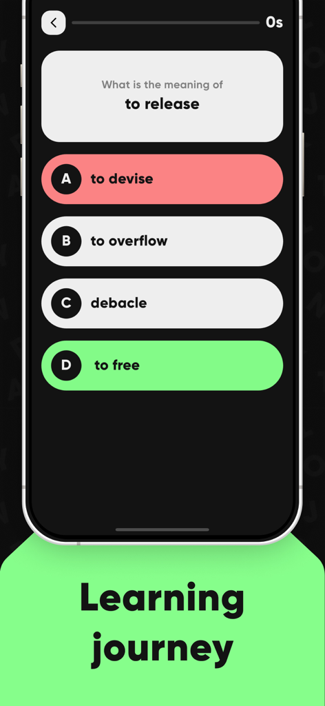 TOFEL Test Preparation - TOEFLテスト対策アプリの多肢選択式語彙クイズ画面。単語「release」の意味を問われています。