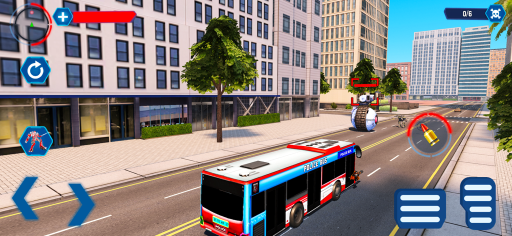 Action gameplay in Multi Robot Transform City War featuring a police bus patrolling a city street and targeting enemies