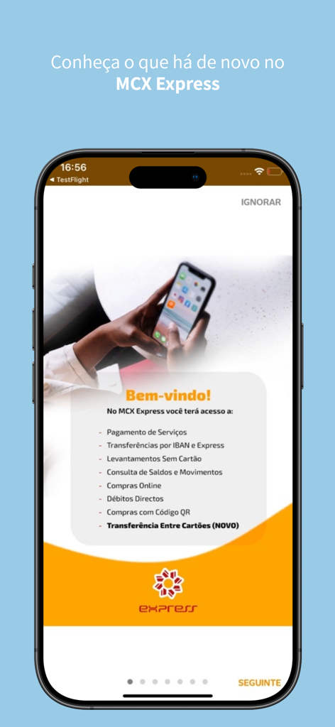 MULTICAIXA Express app welcome screen displaying a list of mobile banking services in Portuguese