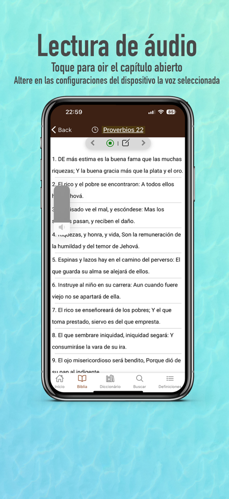 Biblia Reina Valera 1909 - Interface de l'application Biblia Reina Valera 1909 montrant la fonction de lecture audio avec des versets bibliques en espagnol