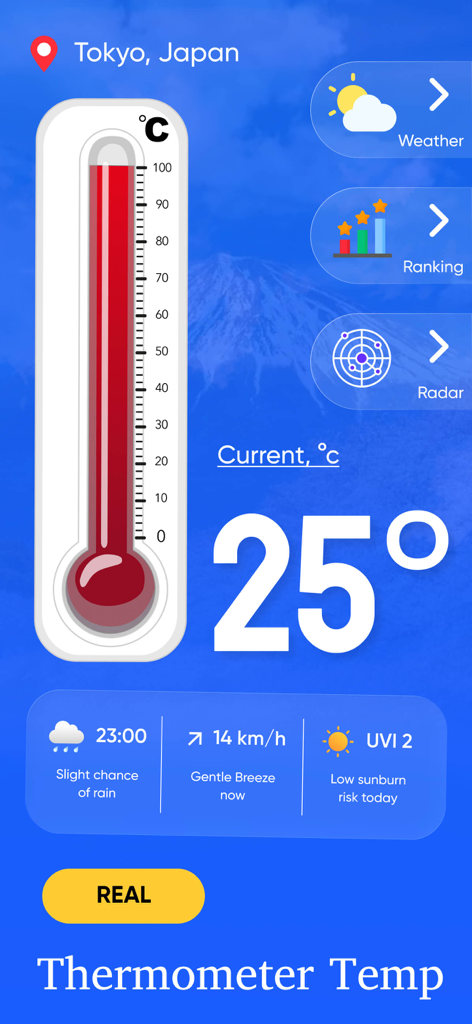 Real Thermometer & Temperature - Interfaz de la aplicación Real Thermometer mostrando 25 grados Celsius y detalles del clima para Tokio, Japón