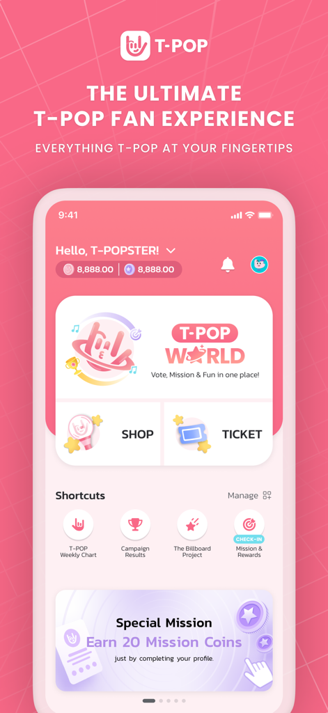 T-POP - A mobile app interface for T-POP fans featuring sections for voting, missions, tickets, and shop rewards on a pink background.