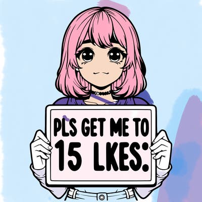 realistic girl holding up a sign that says “pls get me to 15 likes!”