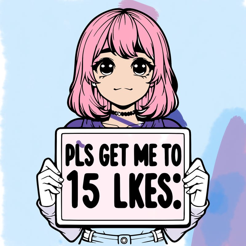 realistic girl holding up a sign that says “pls get me to 15 likes!”