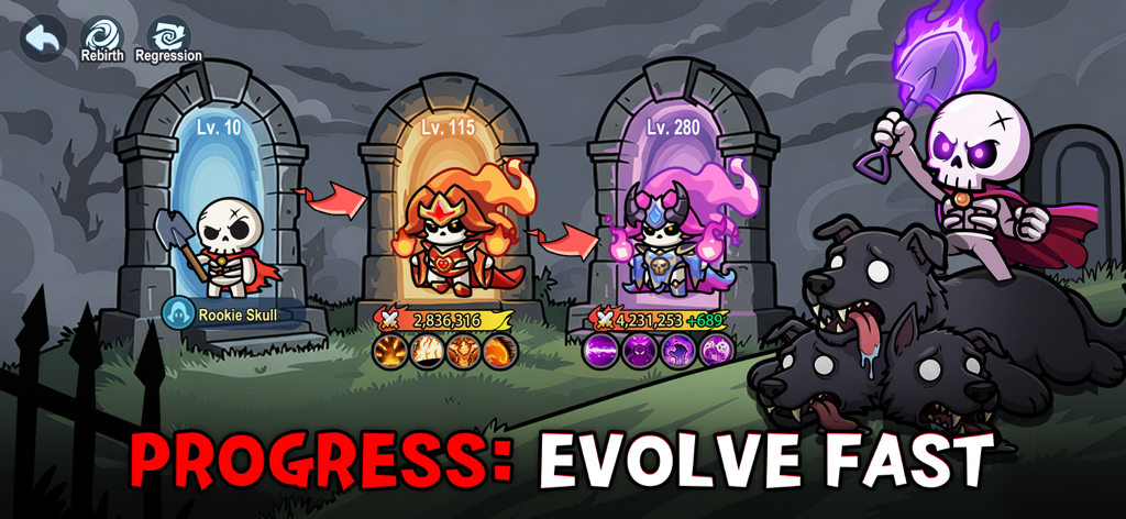 A game screenshot showing the evolution of a character in Skull Up from a Level 10 Rookie Skull to a high-level powerful undead king.