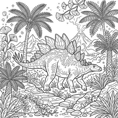 Dive into the ancient world with this intricately detailed Stegosaurus habitat coloring page, designed specifically for teens. Explore a vibrant Jurassic landscape featuring lush plants, towering volcanoes, and, of course, the magnificent Stegosaurus.