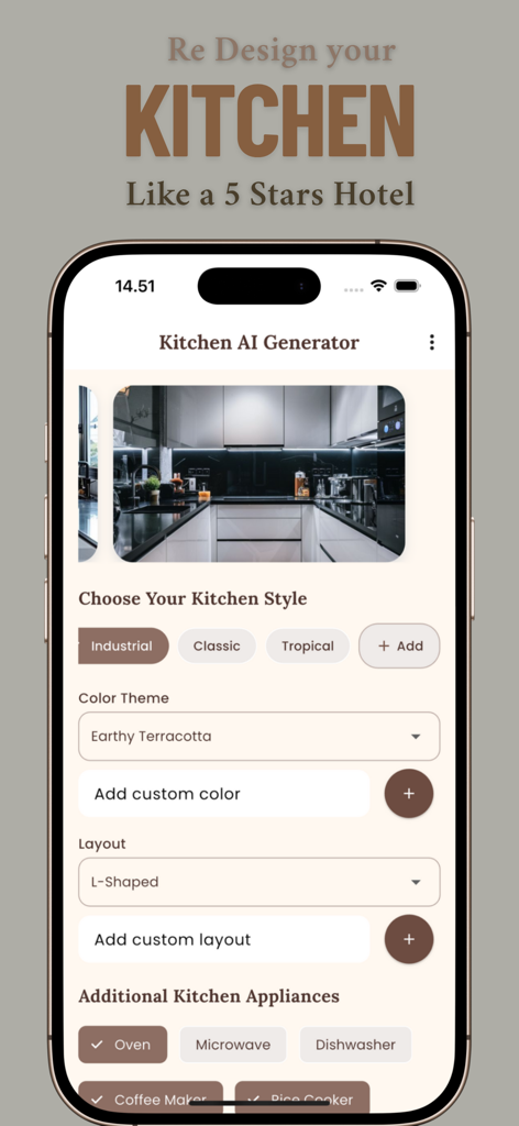 Ai Kitchen - Room Landscape Ai - Interfaz de la aplicación Ai Kitchen para diseñar una cocina de lujo con opciones de personalización de IA.