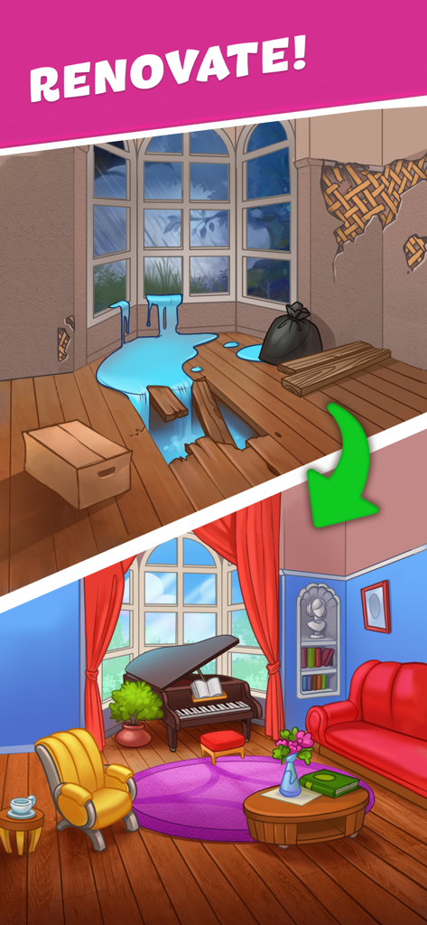 Alice's Hotel - Match Story - A comparison showing a ruined room with leaks transformed into a beautiful living room with a piano and red sofa.