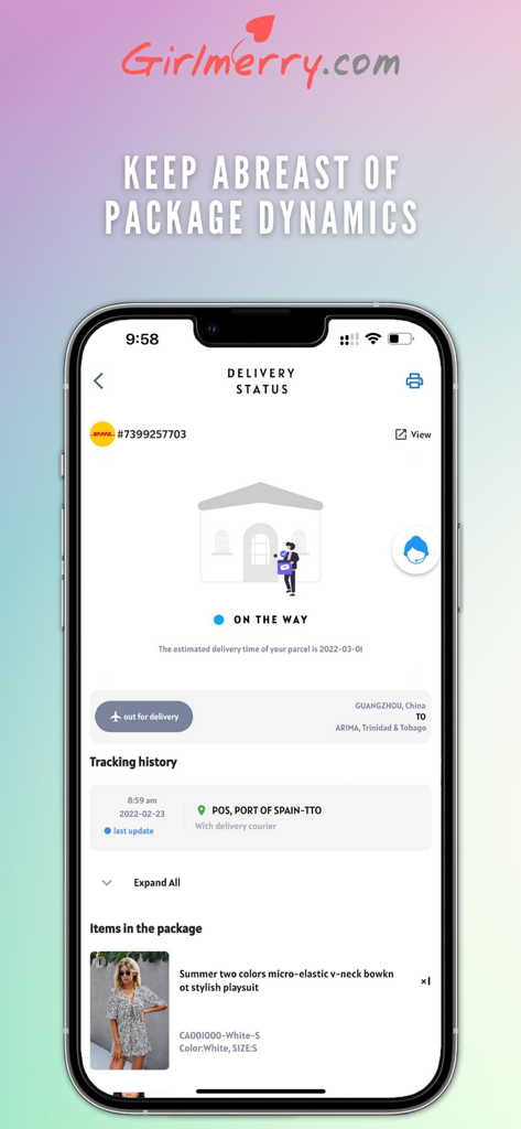 GIRLMERRY app screen showing detailed delivery status and package tracking information.