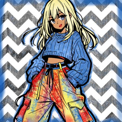 anime teen girl with baggy pants and crop top with sweater
