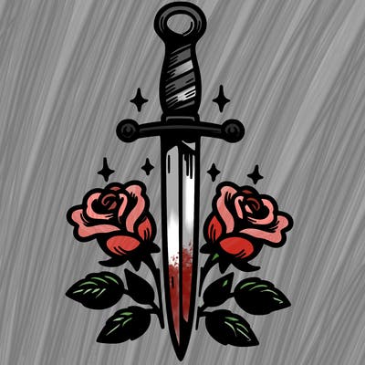 dagger in upright position with roses in front