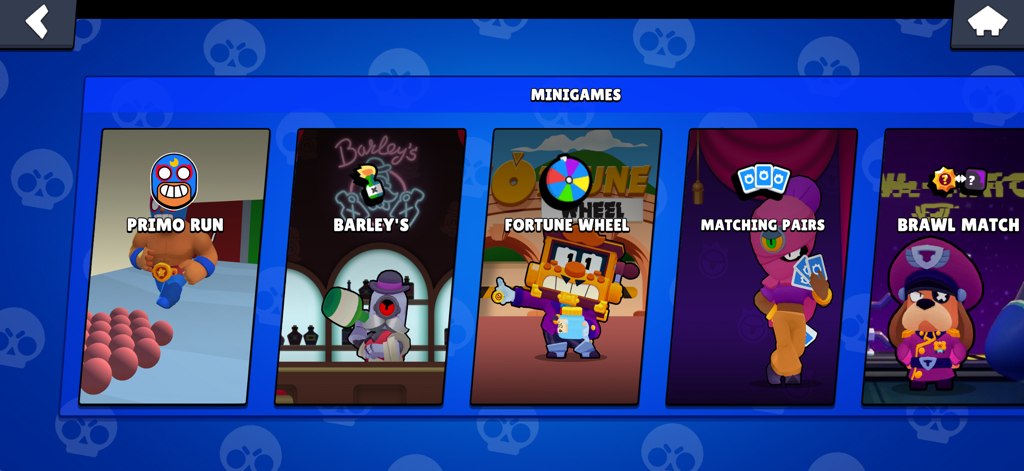 Minigames selection screen in Box Simulator Brawl Stars featuring Primo Run and Fortune Wheel