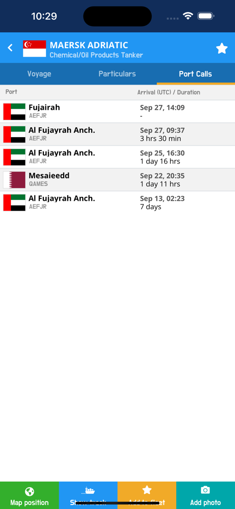 VesselFinder Pro - VesselFinder Pro app screen showing port call history for the Maersk Adriatic tanker.