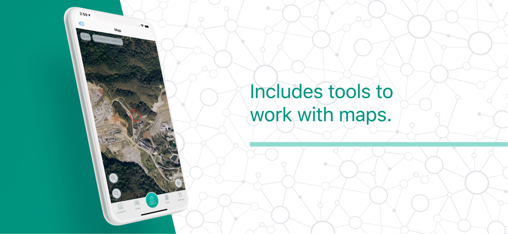 MilChat 앱 인터페이스, 위성 지도 및 전술 좌표 도구 표시