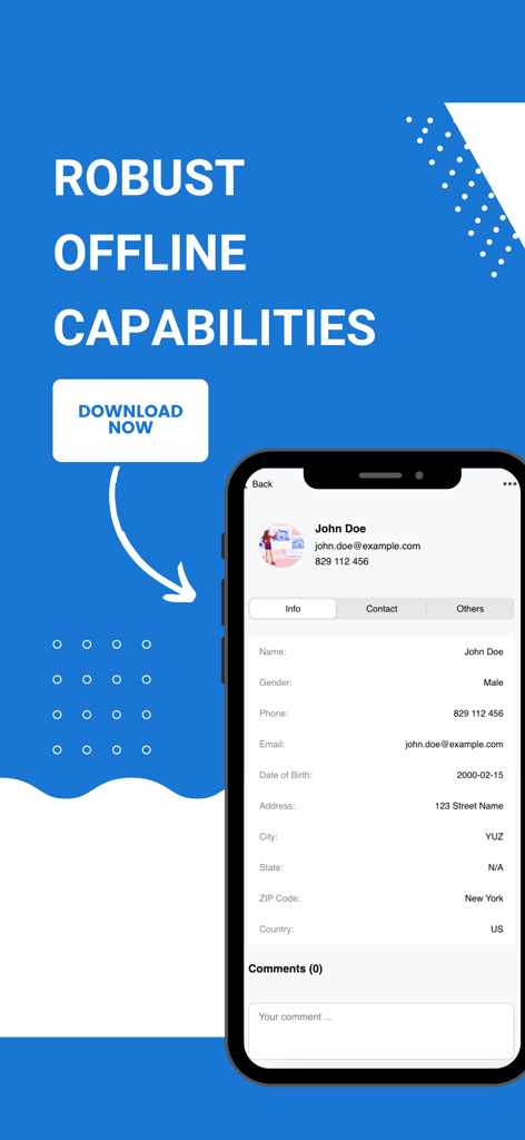 Real Estate CRM Lite - Benutzeroberfläche der App Real Estate CRM Lite, die robuste Offline-Funktionen und ein detailliertes Kundenkontaktprofil auf einem iPhone-Bildschirm anzeigt.