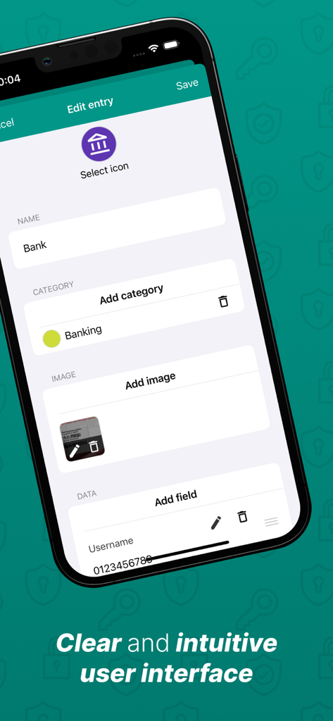 銀行の詳細と添付ファイルのオプションを表示するPassword Safe and Manager編集エントリ画面