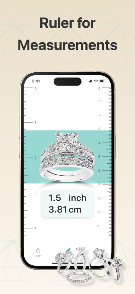 Interface of Ring Sizer app showing a digital ruler measuring a jewelry ring