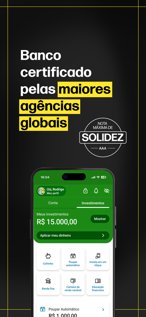 Banco PagBank app interface displaying investment features and a maximum AAA solidity rating