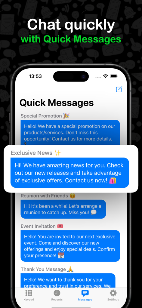 WhatsApp用ダイアラーのインターフェース。ビジネスおよび個人利用のためのカスタマイズ可能なクイックメッセージテンプレートのリストが表示されます。