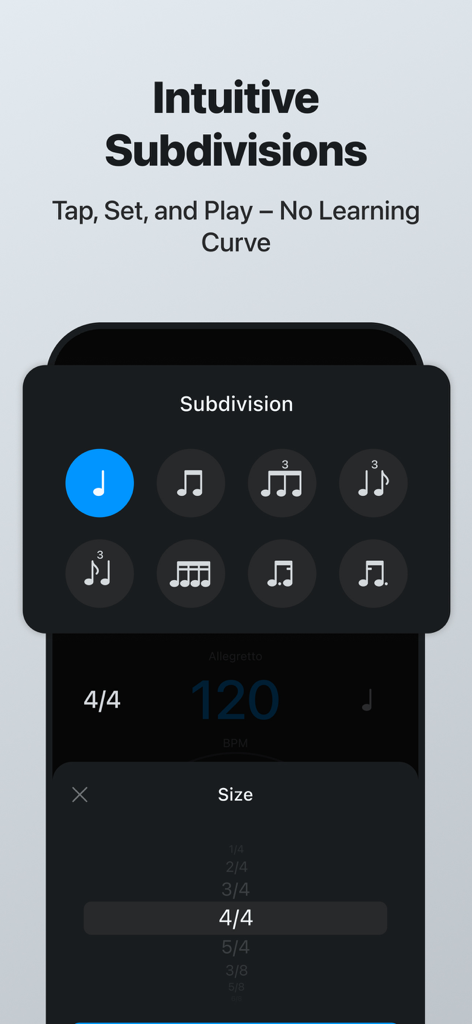 Metronome - BPM Counter - UI screen of the Metronome app showing various musical subdivision icons and a time signature selector for 4/4 time.