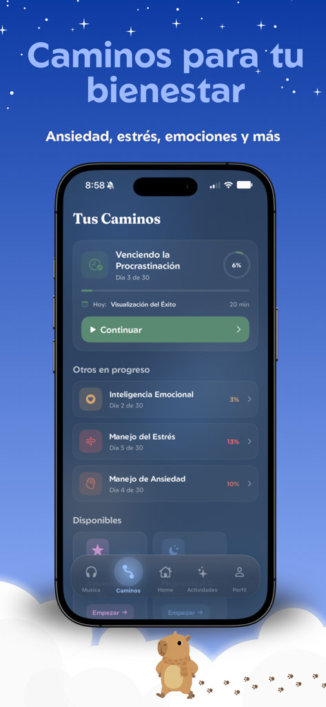 Tranqui - Bienestar Emocional - Interface of Tranqui app showing personalized paths for emotional wellbeing and stress management