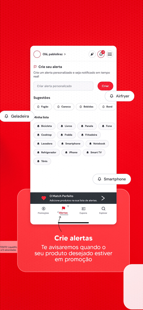 Pechinchou: Promoções e Cupons - Pantalla de smartphone que muestra la configuración de alertas de precios en la aplicación Pechinchou para varios productos de consumo.