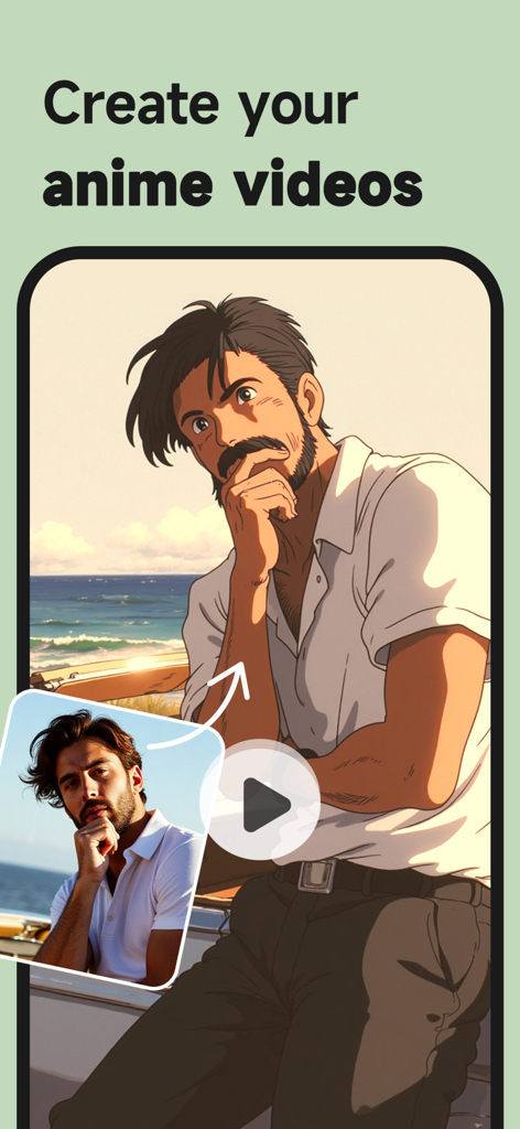 KaCha: AI Video Generator - Comparação mostrando uma foto real de um homem e sua versão anime gerada por IA com o texto Crie seus vídeos de anime