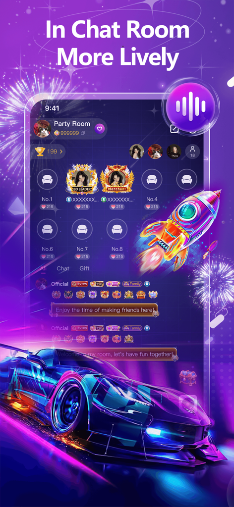 4Party- voice group chat rooms - 4Party app screenshot showing a lively voice chat room with colorful neon graphics and user profiles.