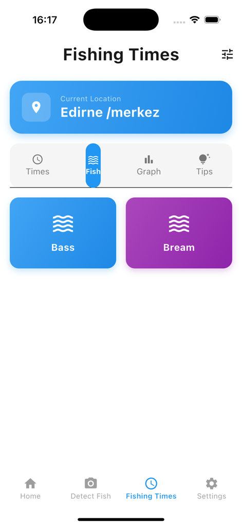 Fish Finder AI:Catch Time - Fishing Times interface of Fish Finder AI app with options for Bass and Bream activity.