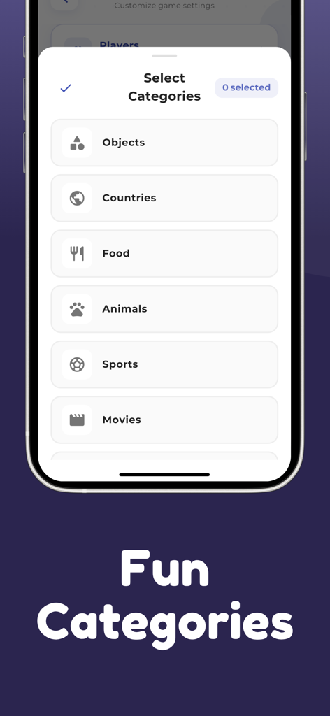 Imposter Game - Word Party - Category selection menu in the Imposter Game Word Party mobile app