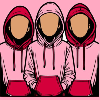 3 faceless people in  hoodies