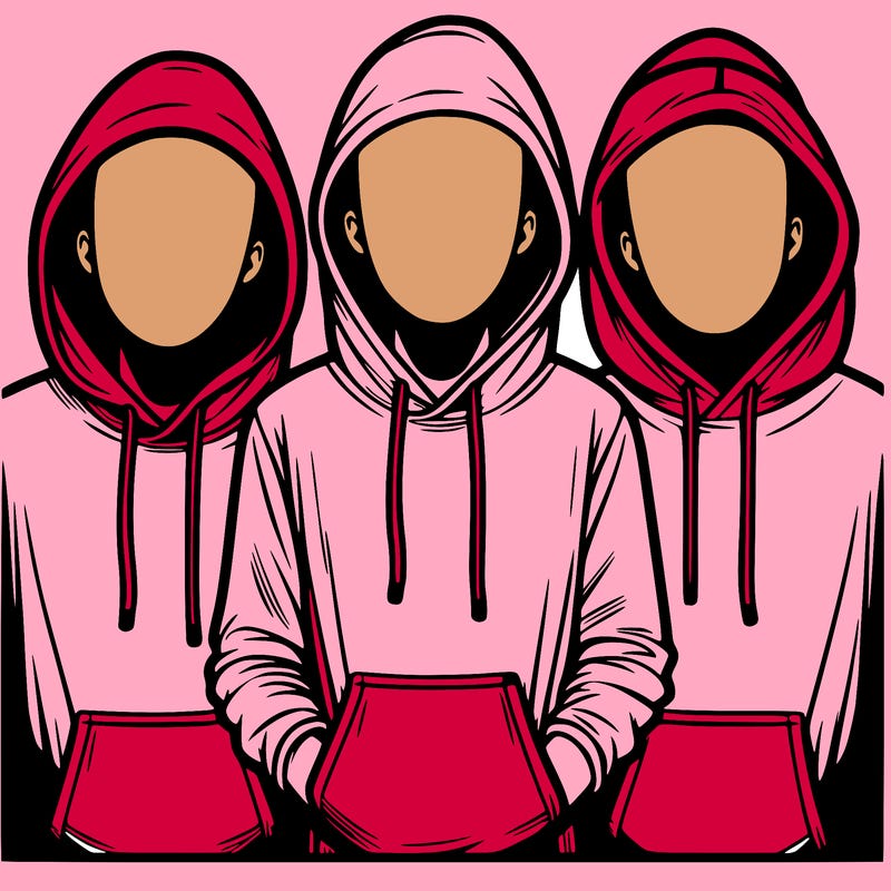 3 faceless people in  hoodies