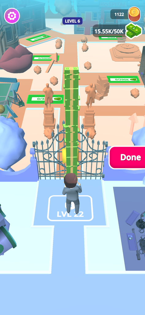 Money Rush - Un personaje con una pila alta de efectivo construyendo un imperio de tiendas en el juego móvil Money Rush.