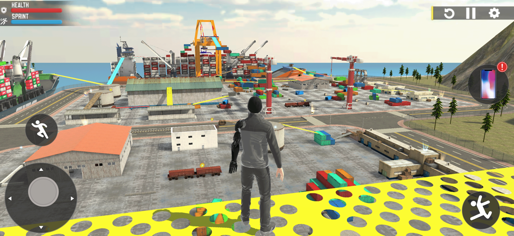 Elevated Run: City Freestyle - A parkour character standing on an elevated yellow platform overlooking an industrial shipping port with cargo ships and containers
