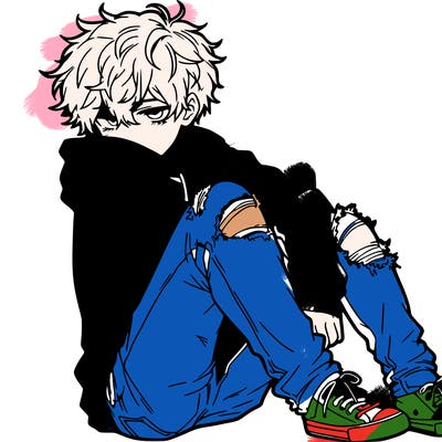 a male hoddie ripped jeans messy hair anime
