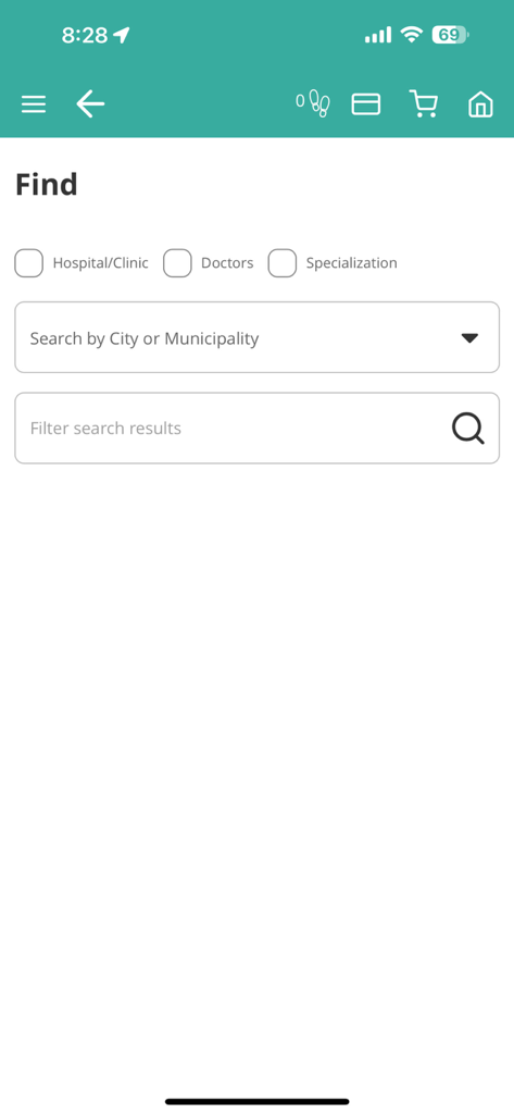 The search screen in the HeyPhil 2.0 app showing options to find hospitals, doctors, or specializations by city