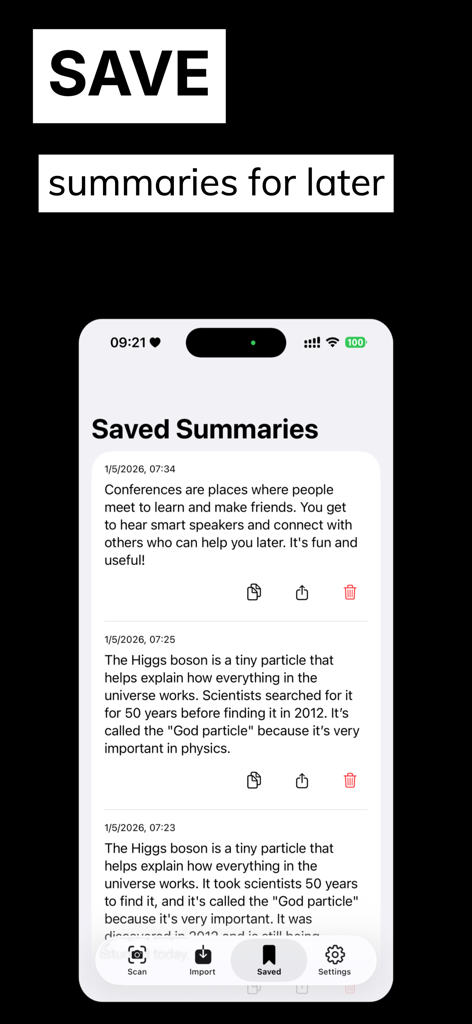 Smartphone display showing a list of saved text summaries within the Simply TLDR app