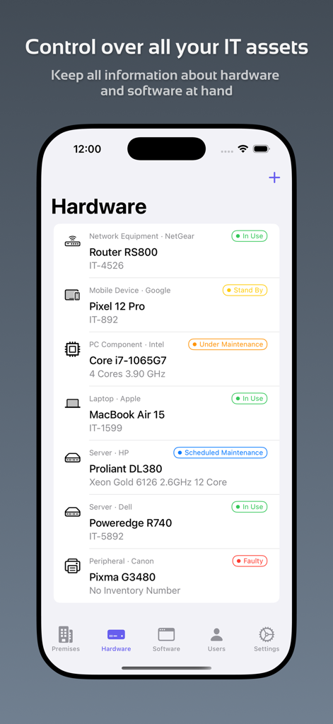 IT Asset Tracker mobile app interface showing hardware inventory status for devices like routers and laptops