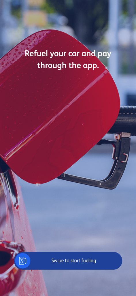 OKQ8 app interface showing mobile fuel payment feature with a gas pump nozzle in a car