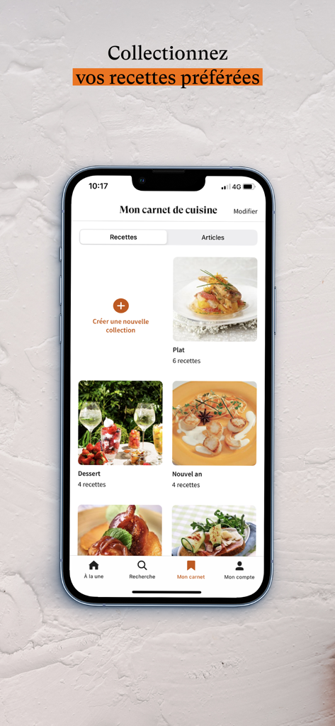 Le Figaro Cuisine - Screenshot of the Le Figaro Cuisine app showing the personal recipe book section with categorized food collections