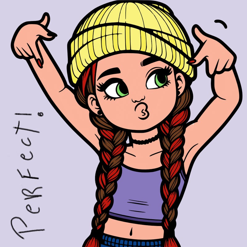 realistic teenage girl with braids and a beanie and crop top doing 🫶🏼