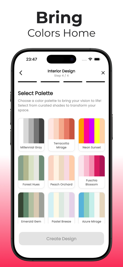 Una interfaz móvil para seleccionar paletas de colores curadas como Gris Milenial y Mirage de Terracota para el diseño de interiores del hogar.