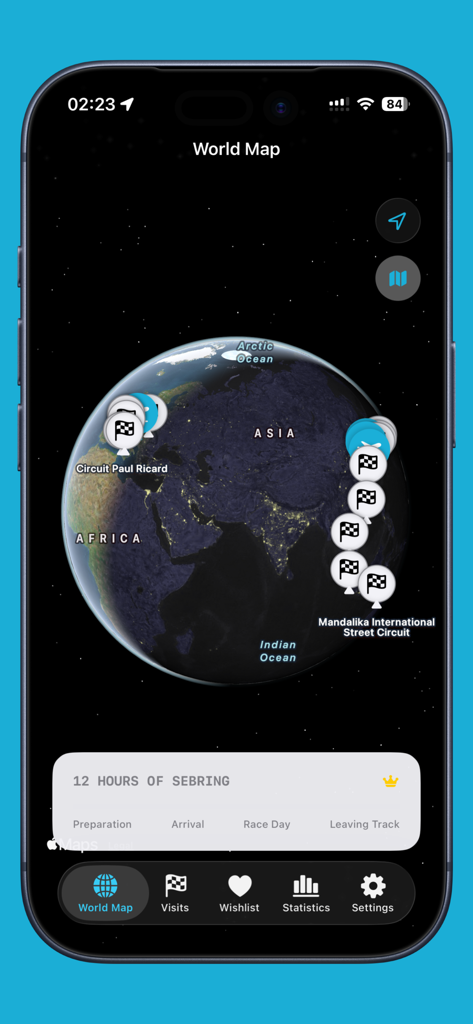 Tracka - Motorsport Visit Log - Interactive world map in the Tracka app displaying motorsport circuit visit pins and a live race event timeline