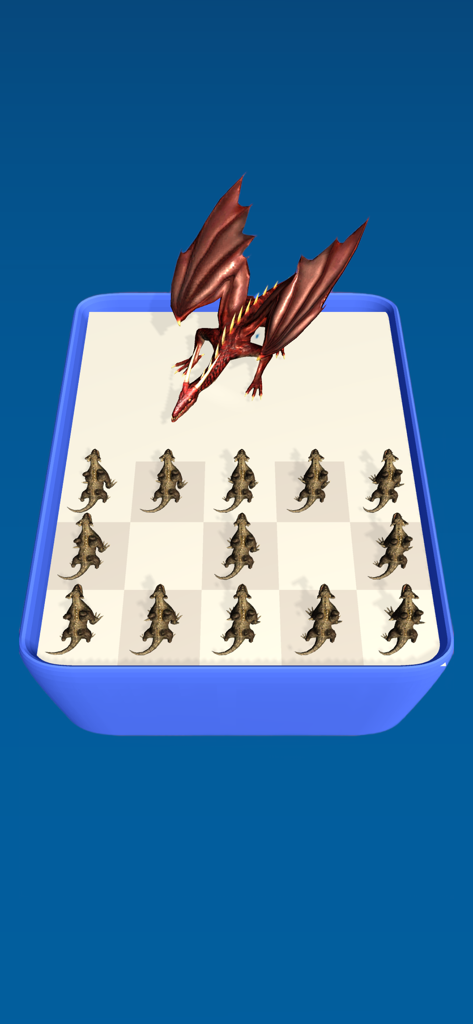 Merge Master: Cosmic Incursion - A large red dragon facing a grid of small lizard creatures on a battlefield in Merge Master Cosmic Incursion