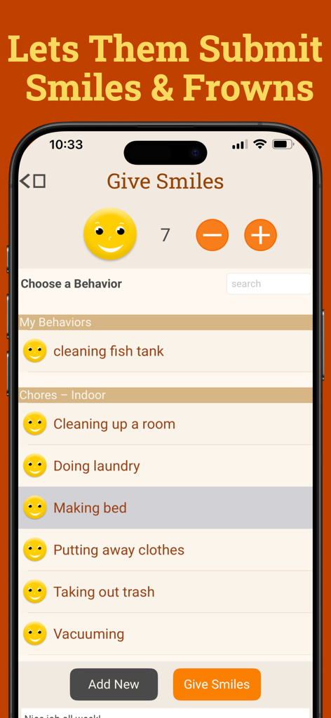 Smiles & Frowns - Kids View - Interface of the Smiles and Frowns Kids View app showing a child selecting chores like making the bed to earn smiles