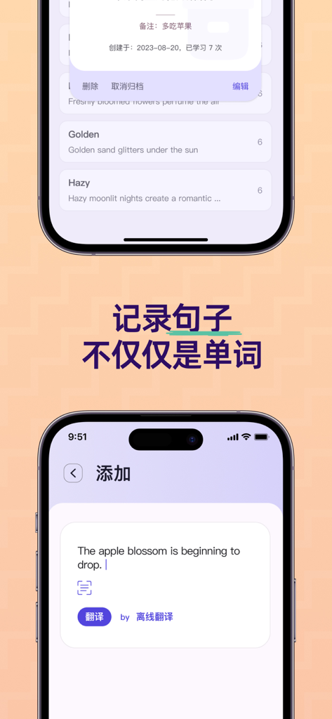 Mobile interface of Word GO app for recording and studying vocabulary words within full context sentences.