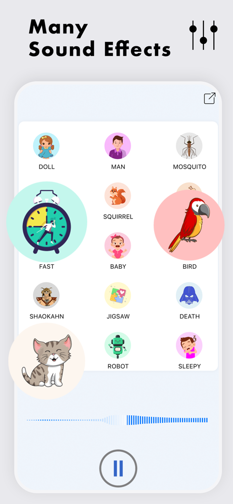 Girls Voice Changer ! - Interface of the Girls Voice Changer app showing various voice effect icons like Robot Baby and Bird.