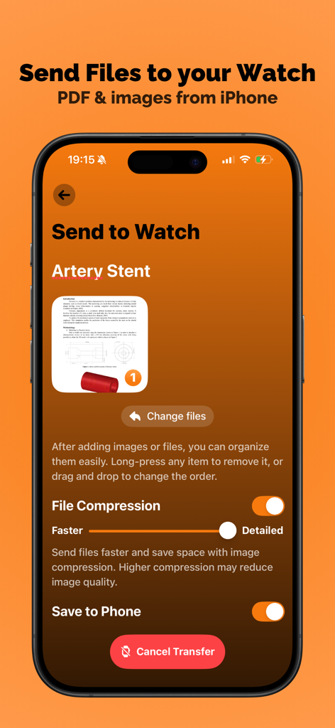 Files on Watch - HandyFiles - HandyFiles app on iPhone showing a PDF document ready for transfer to an Apple Watch with file compression options