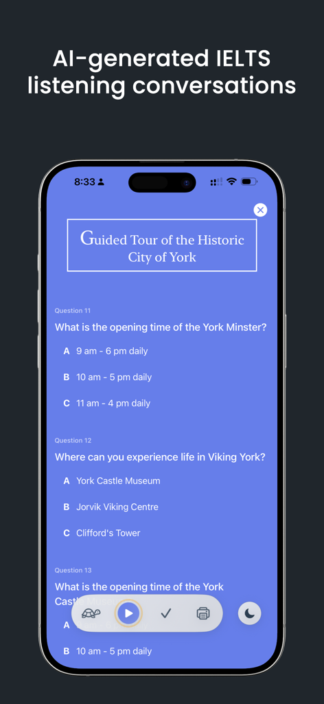 IELTS Band9 – AI Mock Tests - AI-generated IELTS listening test interface with multiple choice questions about a tour of York