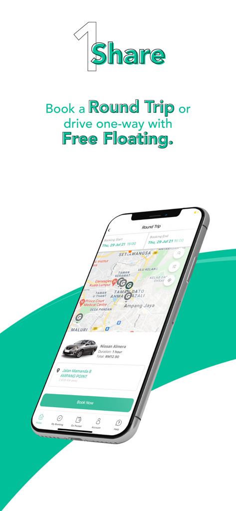 GoCar Malaysia - GoCar Malaysia app interface for car sharing and round trip bookings on a map